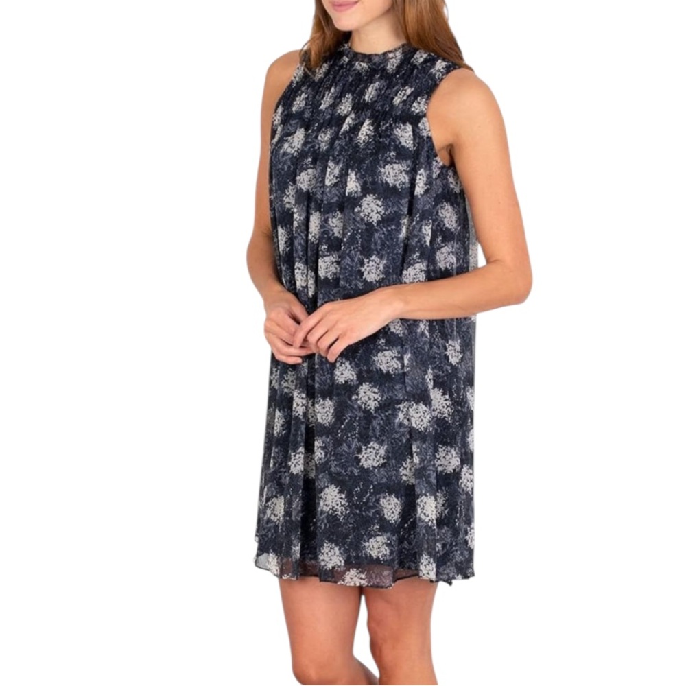 Joie Smocking High Neck Lined Mini Dresss Navy Floral Size Medium Nwt